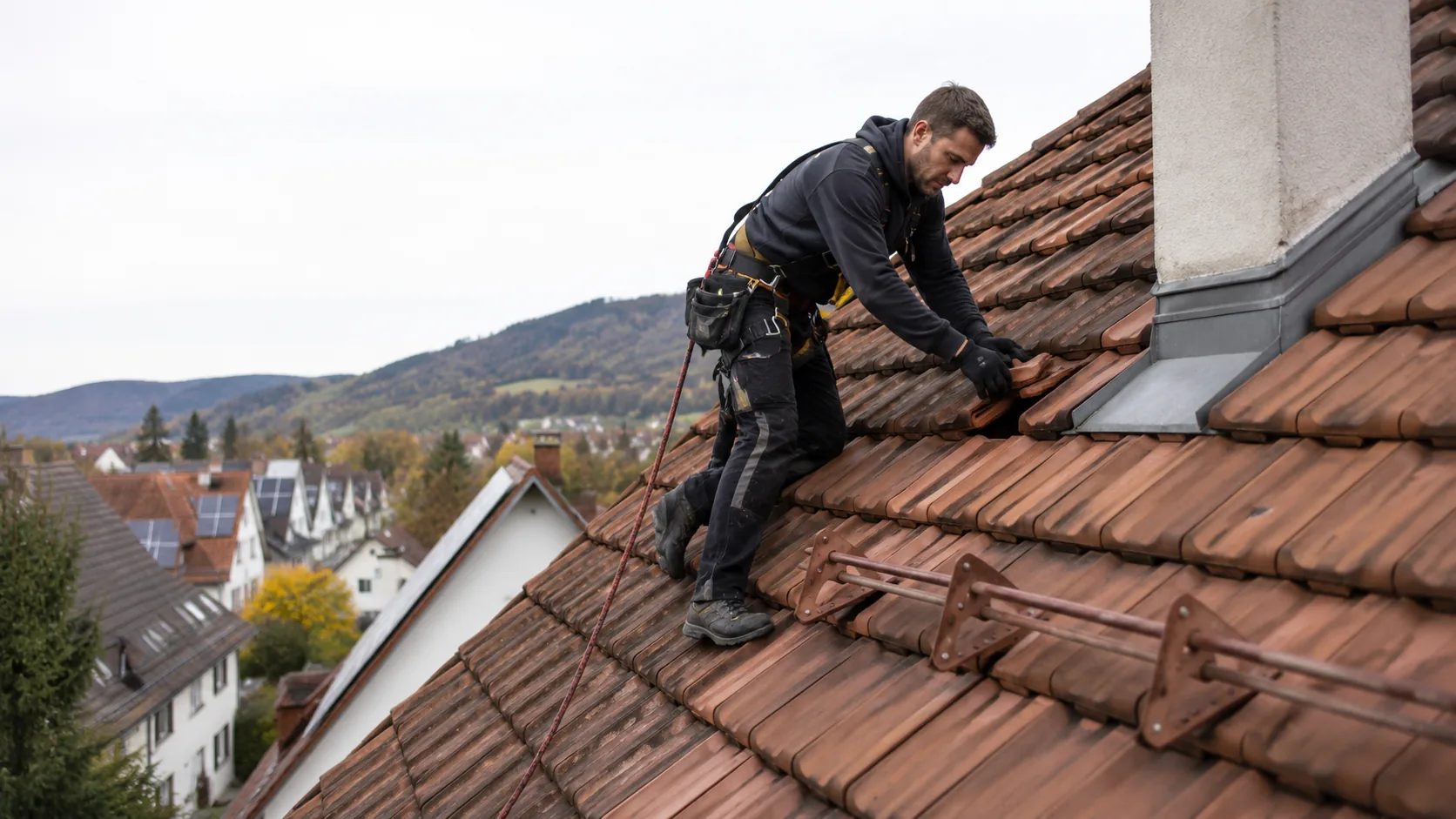 Dachdecker mit Sicherungsgurt ersetzt Dachziegel, Dachreparatur in Freiburg