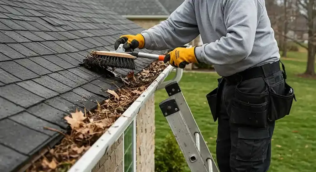 Detail einer gereinigten Dachrinne mit klarem Abfluss