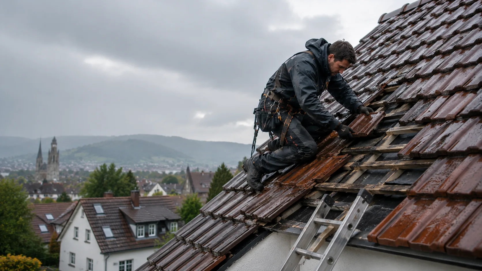 Sturmschaden Reparatur in Freiburg, Dachdecker auf Hubsteiger